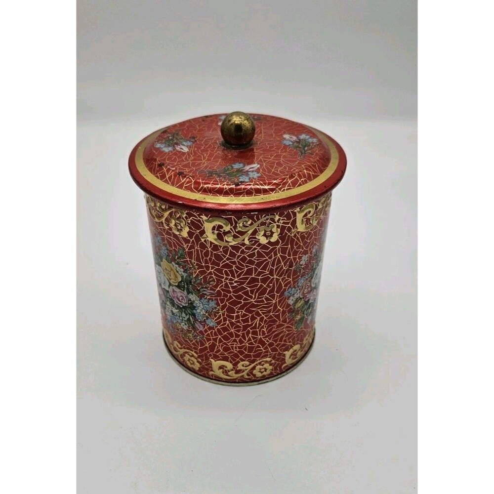 Vtg Red Floral Tin Embossed With Lid Made In West Germany Canister Cottage Core